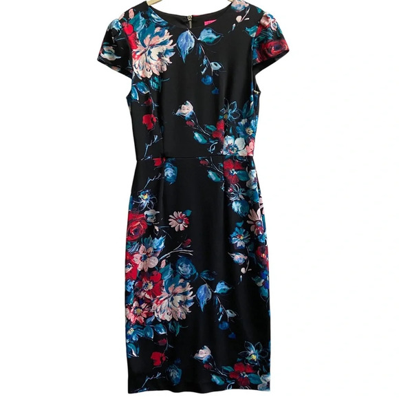 Betsey Johnson Black Floral Midi short sleeve Dress Sz 4 - Picture 2 of 15